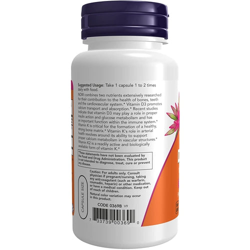 NOW Supplements, Vitamin D-3 & K-2, 1,000 IU/45 Mcg, 120 Veg Capsules