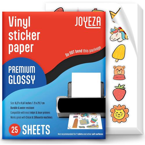 JOYEZA Premium Printable Vinyl Sticker Paper for Inkjet Printer - 25 Sheets Glossy White Waterproof, Dries Quickly Vivid Colors, Holds Ink Well - Inkjet & Laser Printer