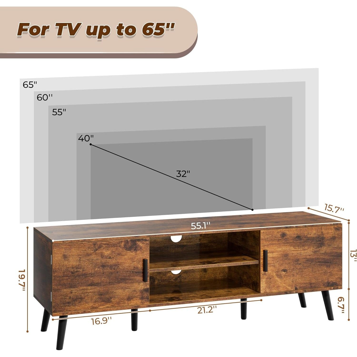 SUPERJARE TV Stand for 55 Inch TV, Adjustable Shelf, 2 Cabinets