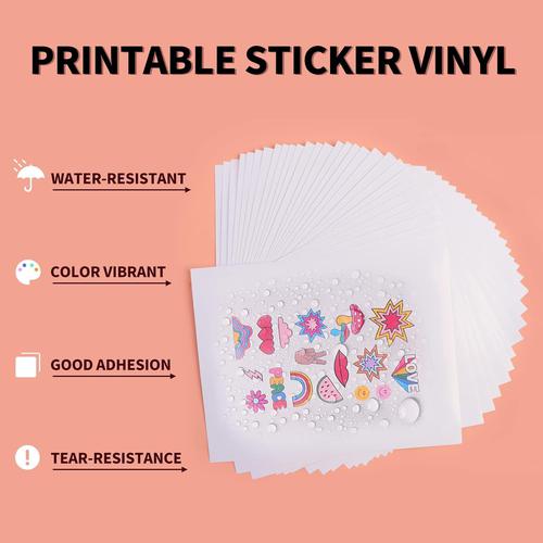 HTVRONT Printable Vinyl Sticker Paper - 30 Sheets Glossy Sticker Paper for Inkjet Printer & Laser Printer, 100 G Waterproof Sticker Paper Dries Quickly & Tear Resistant 8.5"X11"