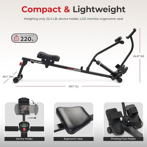 Sunny Health & Fitness Compact Adjustable Rowing Machine,12 Levels of Resistance