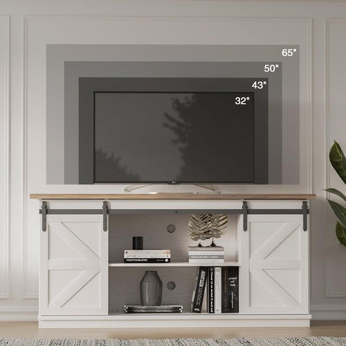 YESHOMY Farmhouse TV Stand and Entertainment Center for Televisions up to 65 Inchs, with Sliding Barn Doors and Storage Cabinets, Console Table and Media Furniture for Living Room, 58 Inch, White