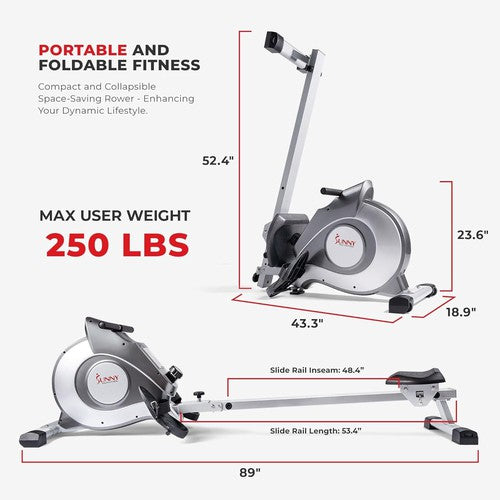 Sunny Health & Fitness Magnetic Rowing Machine with 53.4" Extended Slide Rail, Premium Water Motion