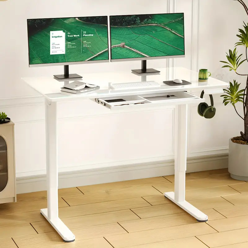 INNOVAR 48" White Glass Standing Desk w/ Drawer - Tempered Glass Top