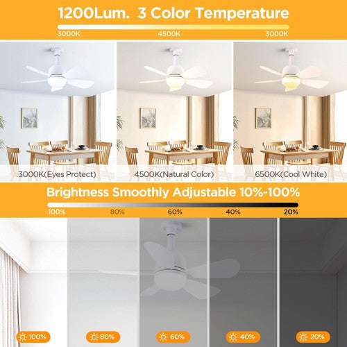 Flyingtek E26 Socket 20" Ceiling Fan w/ Light, 5 Fan Speed, Three Color Temperature w/ Remote - 1500 Lumens