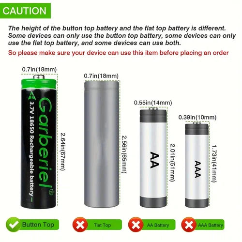 Garberiel 3.7V 18650 Battery, 3000mAh High Capacity Button Top Rechargeable