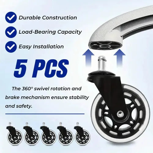 3" Heavy Duty Mute Office Chair Set of Rubber Castor Wheels - 5 Pcs