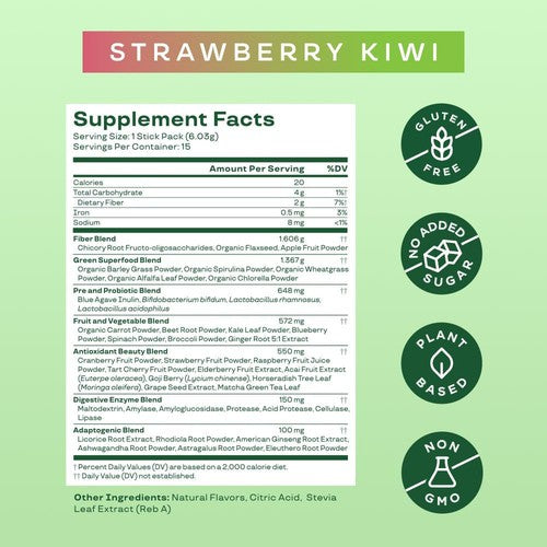 Bloom Nutrition Greens and Superfoods Sticks, 5 Sticks, Strawberry Kiwi