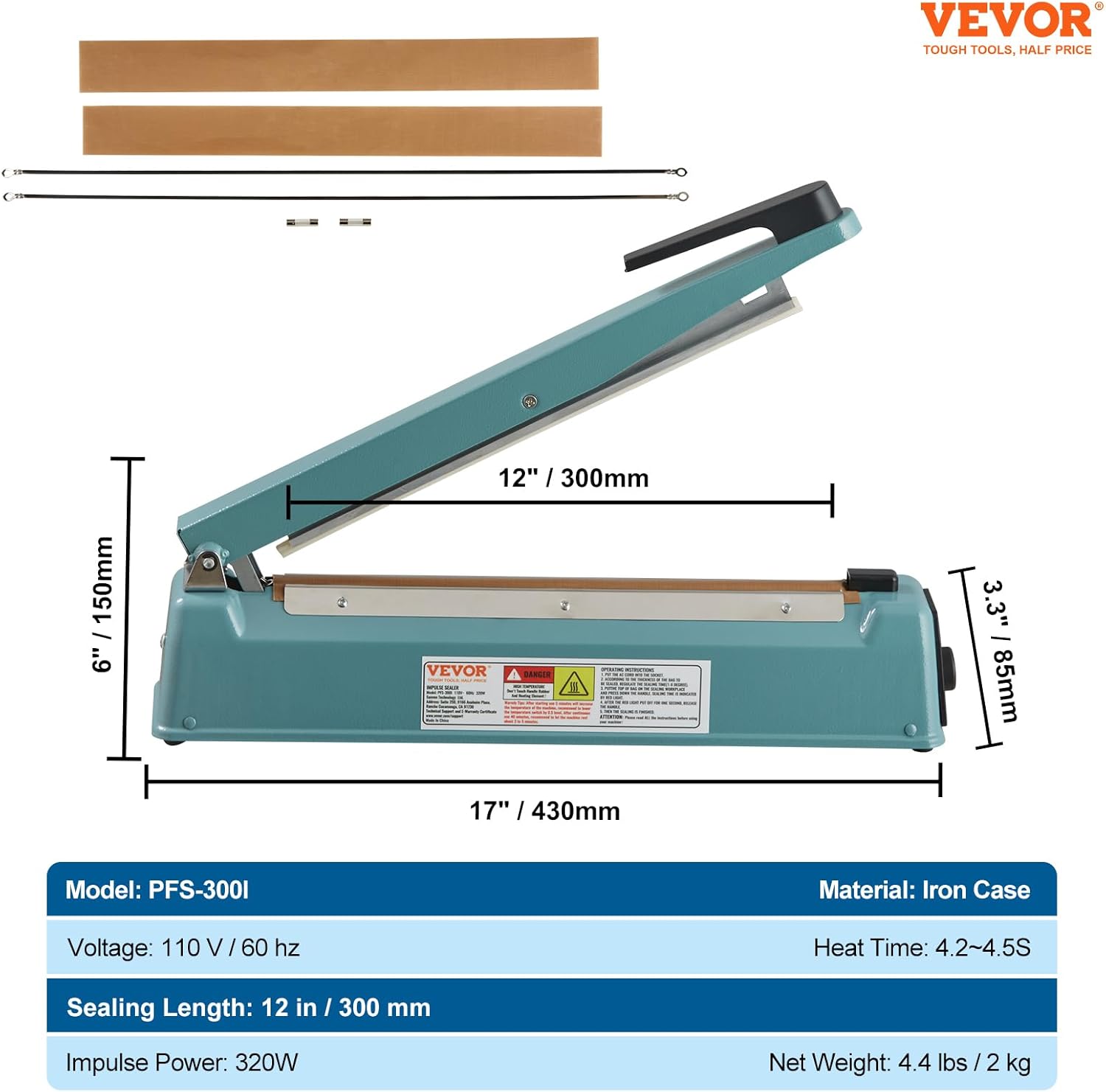 VEVOR Impulse Sealer 12 Inch, Heat Seal Machine w/ Extra Replacement Kit