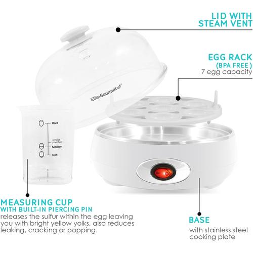 Elite Gourmet Easy Egg Cooker, 7-Egg Capacity, Soft, Medium, Hard-Boiled w/ Auto Shut-Off