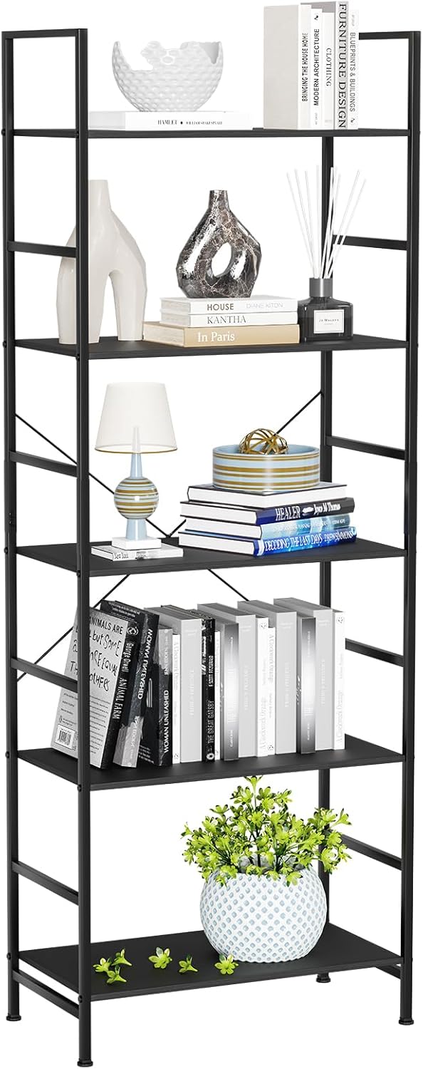 DUMOS Modern 5-Tier Bookshelf w/ Wooden Accents