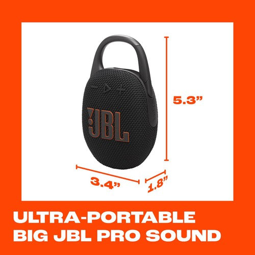 JBL Clip 5 - Ultra-Portable, Waterproof & Dustproof Bluetooth Speaker, Big Pro Sound with Punchy Bass, Integrated Carabiner, up to 12 Hours of Play, Made in Part with Recycled Materials (Black)