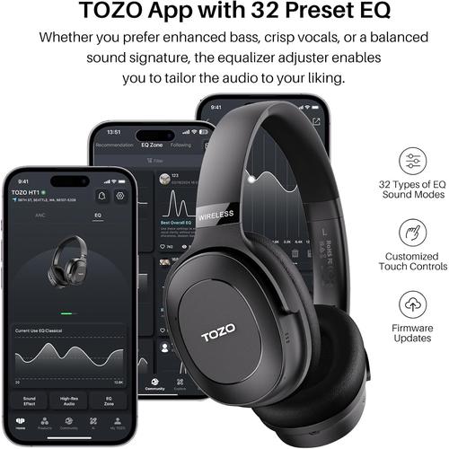 TOZO HT1 Hybrid Active Noise Cancelling Wireless Over Ear Bluetooth Headset, 40H Playtime
