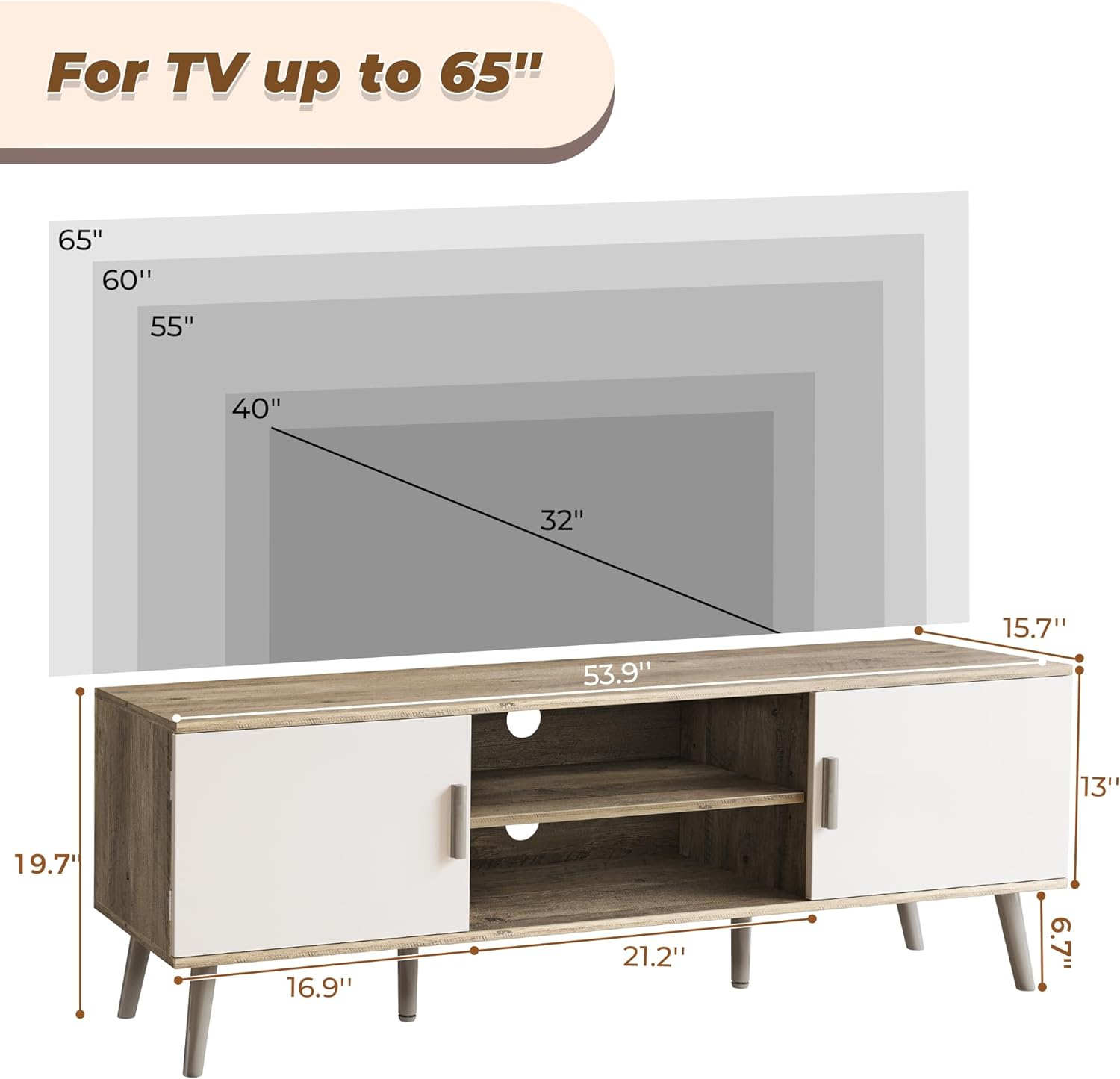 SUPERJARE TV Stand for 55 Inch TV, Adjustable Shelf, 2 Cabinets