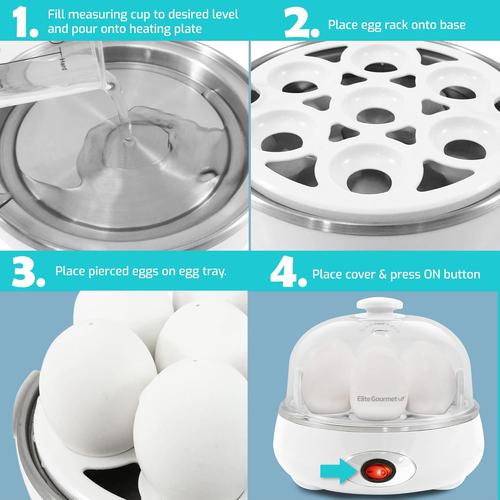 Elite Gourmet Easy Egg Cooker, 7-Egg Capacity, Soft, Medium, Hard-Boiled w/ Auto Shut-Off