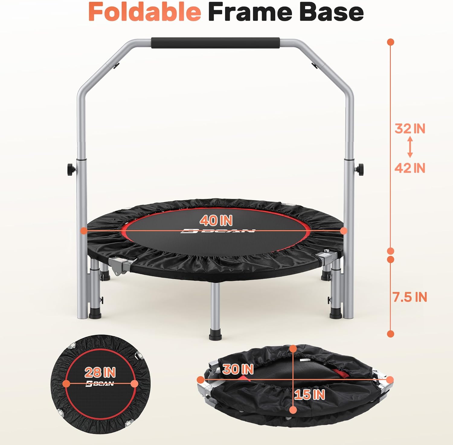 BCAN Foldable Mini Trampoline, Fitness Rebounder with Adjustable Foam Handle