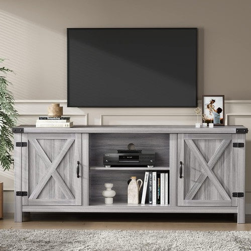 YESHOMY Modern Farmhouse TV Stand with Two Barn Doors and Storage Cabinets for Televisions up to 65+ Inch, Entertainment Center Console Table, Media Furniture for Living Room, 58 Inch, Gray Wash
