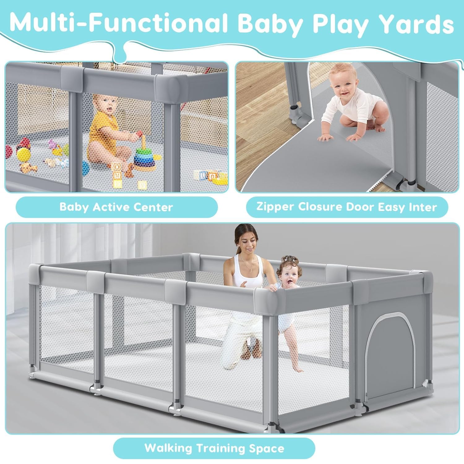 Fshibila 74" ×50" Large Baby Playpen with Soft Breathable Mesh, Anti-Fall