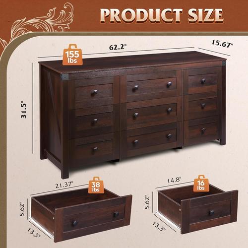 WLIVE Farmhouse 63" Wide 9 Drawer Dresser