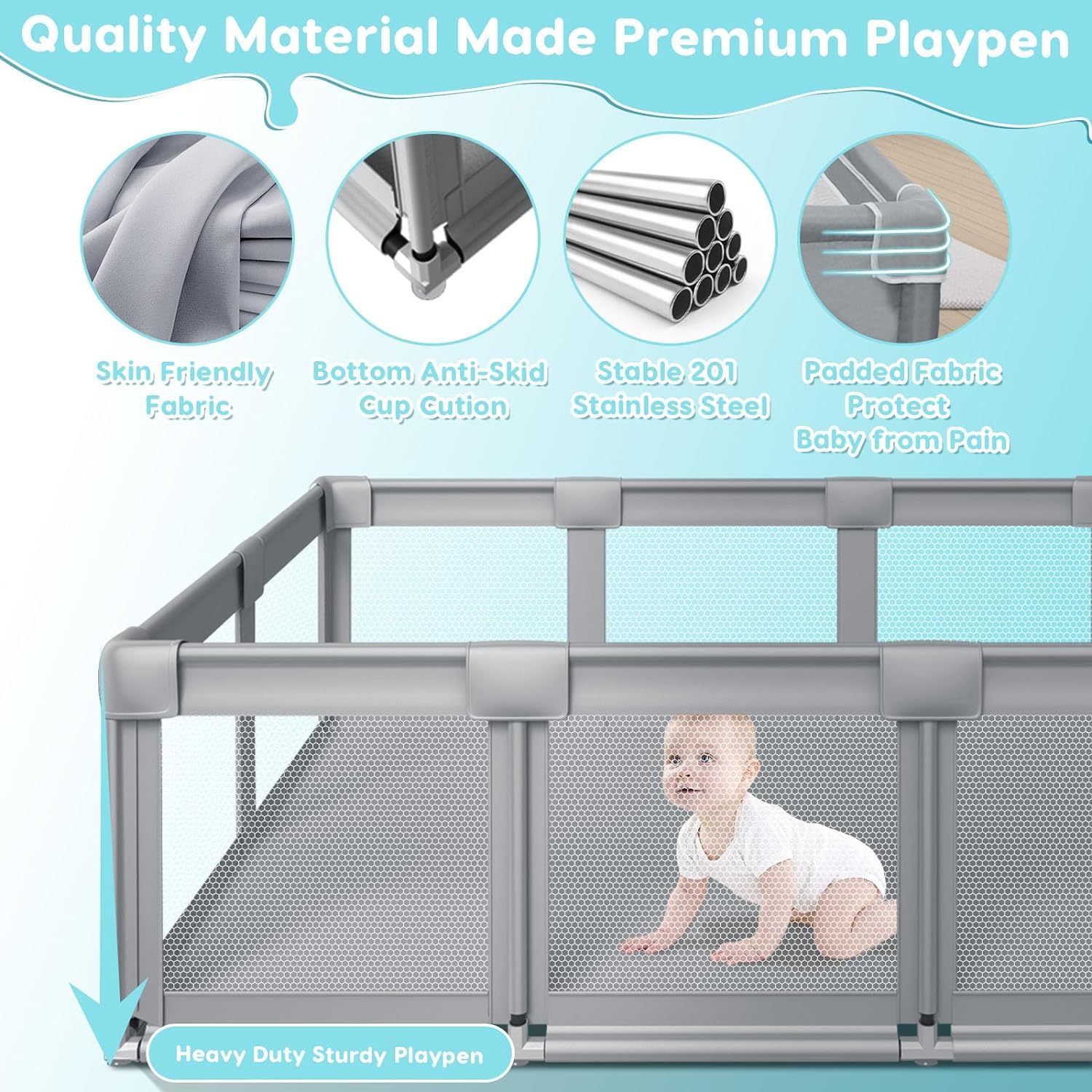 Fshibila 74" ×50" Large Baby Playpen with Soft Breathable Mesh, Anti-Fall