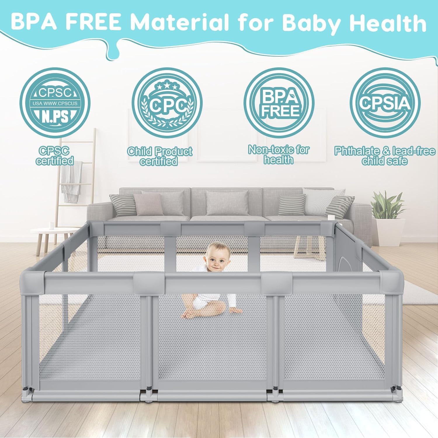 Fshibila 74" ×50" Large Baby Playpen with Soft Breathable Mesh, Anti-Fall