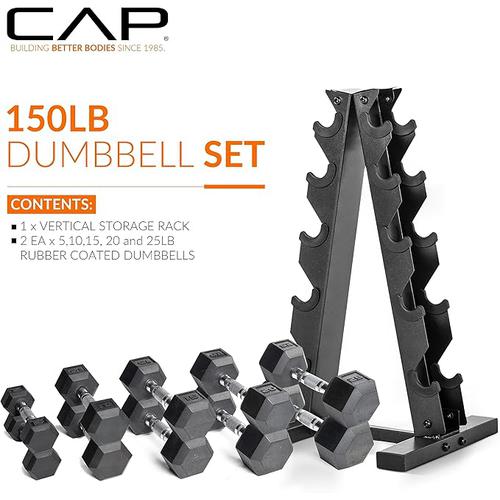 CAP Barbell 150LB Coated Hex-Dumbbell Weight Set /w Rack