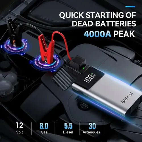 BRPOM 12V Car Jump Starter with LED Light & Large LCD Screen - 4000A