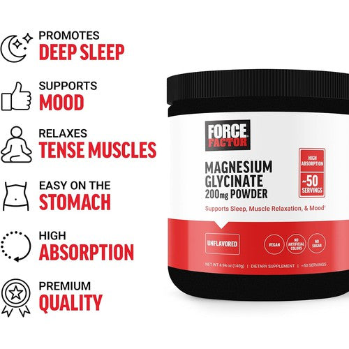 Force Factor Magnesium Glycinate Powder 200Mg, Support Sleep, Muscle Relaxation