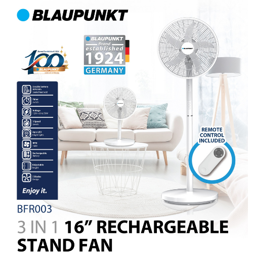 BLAUPUNKT 16" 3-in-1 Rechargeable Standing Fan w/ Night Light