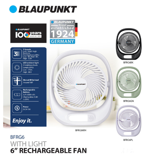 BLAUPUNKT 6" Portable Rechargeable Fan w/ LED Light