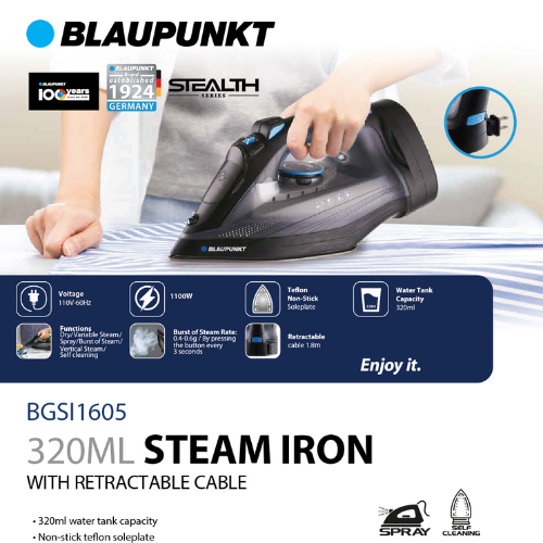 BLAUPUNKT 1100w Steam Iron w/ Retractable Cord