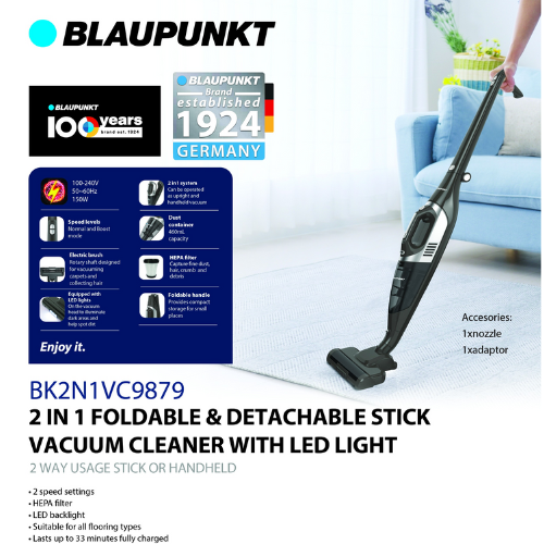 BLAUPUNKT 2-in-1 Foldable & Detachable Vacuum Cleaner w/ LED Light