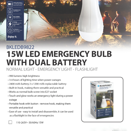 BLAUPUNKT 15w LED Rechargeable Light Bulb 990LM