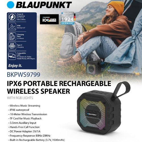 BLAUPUNKT Portable Wireless Speaker -IPX6 Waterproof