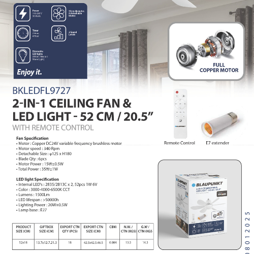 BLAUPUNKT Socket Fan w/LED Light /w Remote - 20.5"