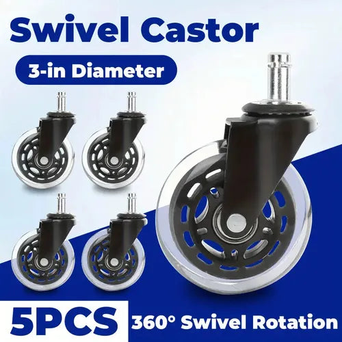 3" Heavy Duty Mute Office Chair Set of Rubber Castor Wheels - 5 Pcs