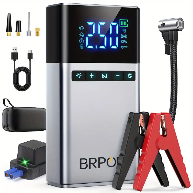 BRPOM 4-in-1  Car Jump Starter, Portable Air Compressor, Power Bank LED Light