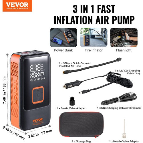 VEVOR Tire Inflator, Cordless Air Compressor w/ 12000 Mah Battery