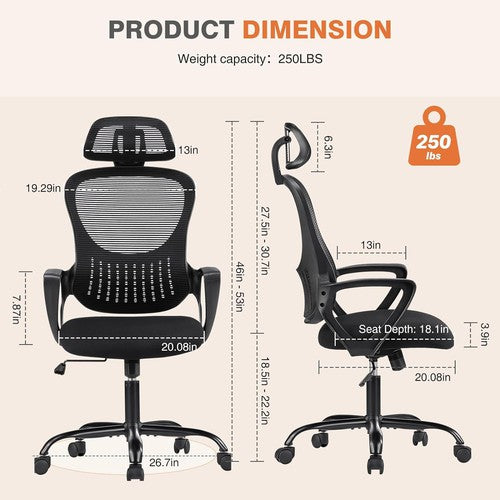 Sweetcrispy  Ergonomic High-Back Mesh Office Chair w/ Adjustable Headrest