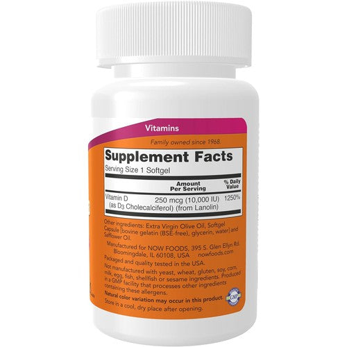 NOW Foods Supplements, Vitamin D-3 10,000 IU, Highest Potency, 120 Softgels