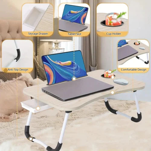 Foldable Lap Desk w/ Cup Holder, Laptop Slot, Storage Drawer