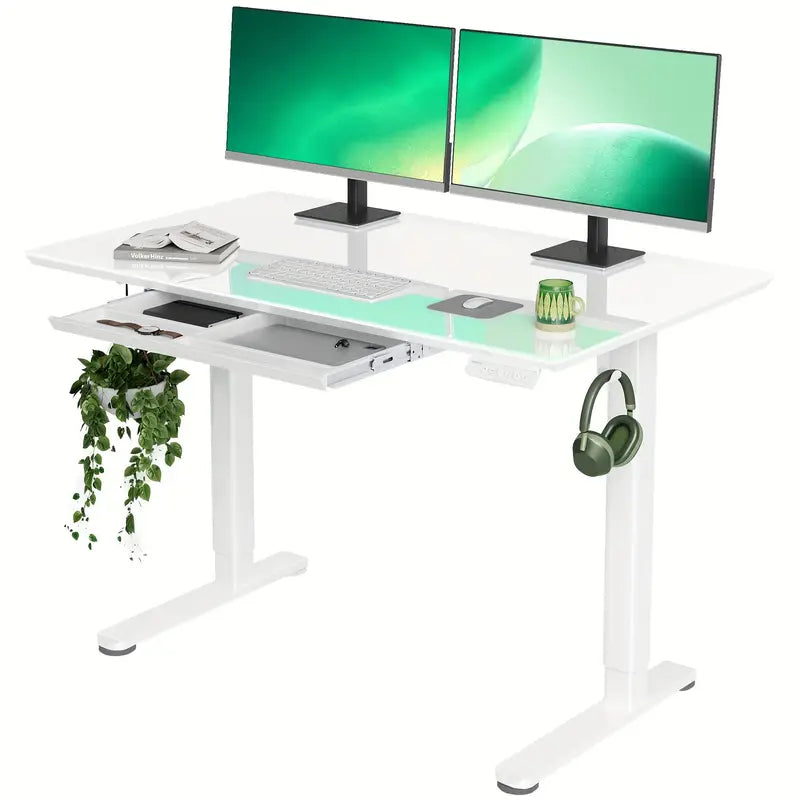 INNOVAR 48" White Glass Standing Desk w/ Drawer - Tempered Glass Top