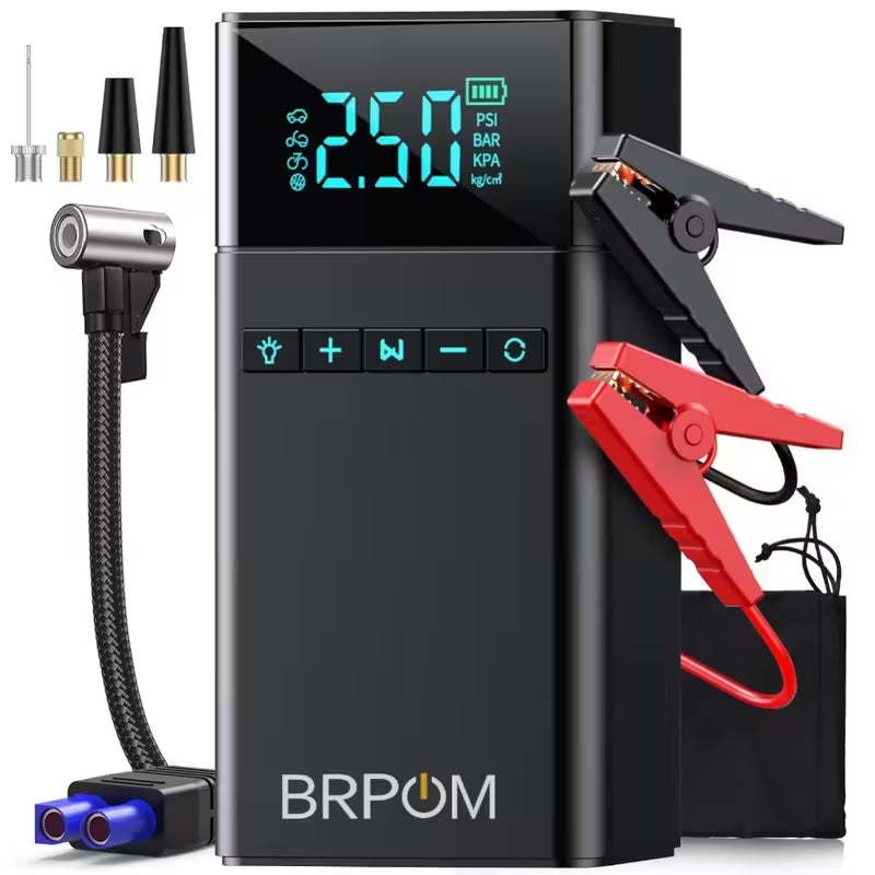 BRPOM 4-in-1  Car Jump Starter, Portable Air Compressor, Power Bank LED Light