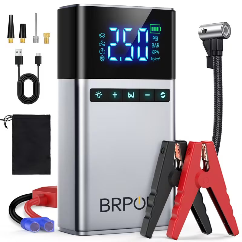 BRPOM 4-in-1  Car Jump Starter, Portable Air Compressor, Power Bank LED Light