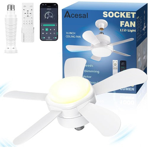 16 Inch Socket Fan Light with E26/E27 Base w/ Remote & App Control 6 Speed 3 Color Dimmable