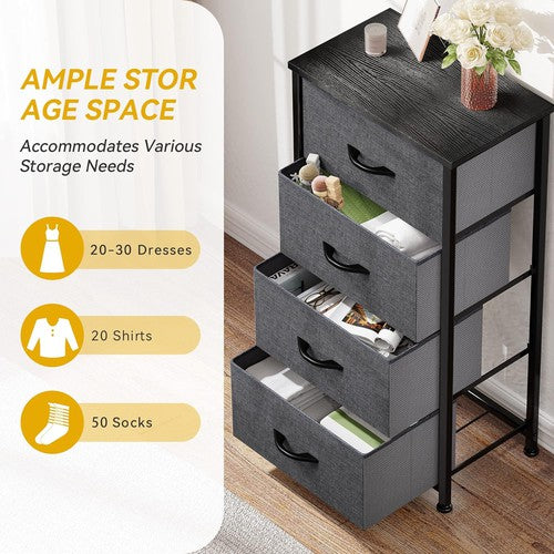 DWVO Storage Tower with 4 Drawers - Sturdy Steel Frame, Easy Pull Fabric Bins & Wooden Top