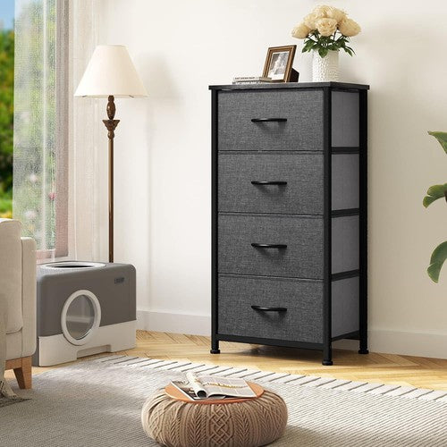 DWVO Storage Tower with 4 Drawers - Sturdy Steel Frame, Easy Pull Fabric Bins & Wooden Top