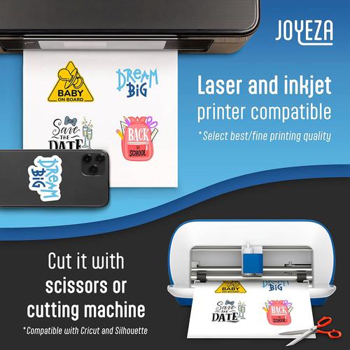 JOYEZA Premium Printable Vinyl Sticker Paper for Inkjet Printer - 25 Sheets Glossy White Waterproof, Dries Quickly Vivid Colors, Holds Ink Well - Inkjet & Laser Printer