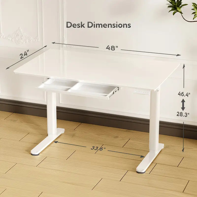 INNOVAR 48" White Glass Standing Desk w/ Drawer - Tempered Glass Top