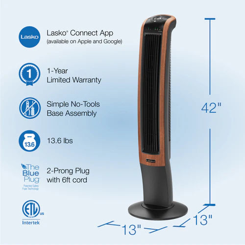 Lasko Oscillating Tower Fan, Bluetooth, 42", Woodgrain,